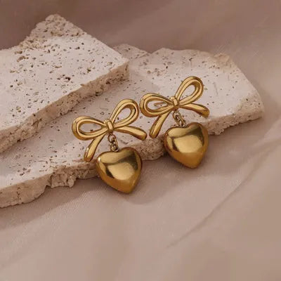Bow-Heart Gold Plated Earrings