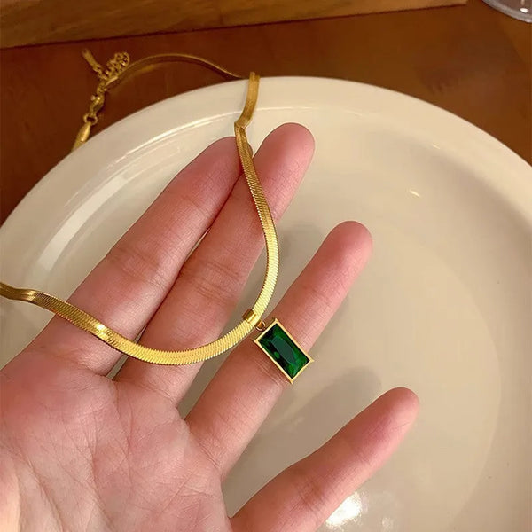 Anti Tarnish Green Geometric Pendant Necklace